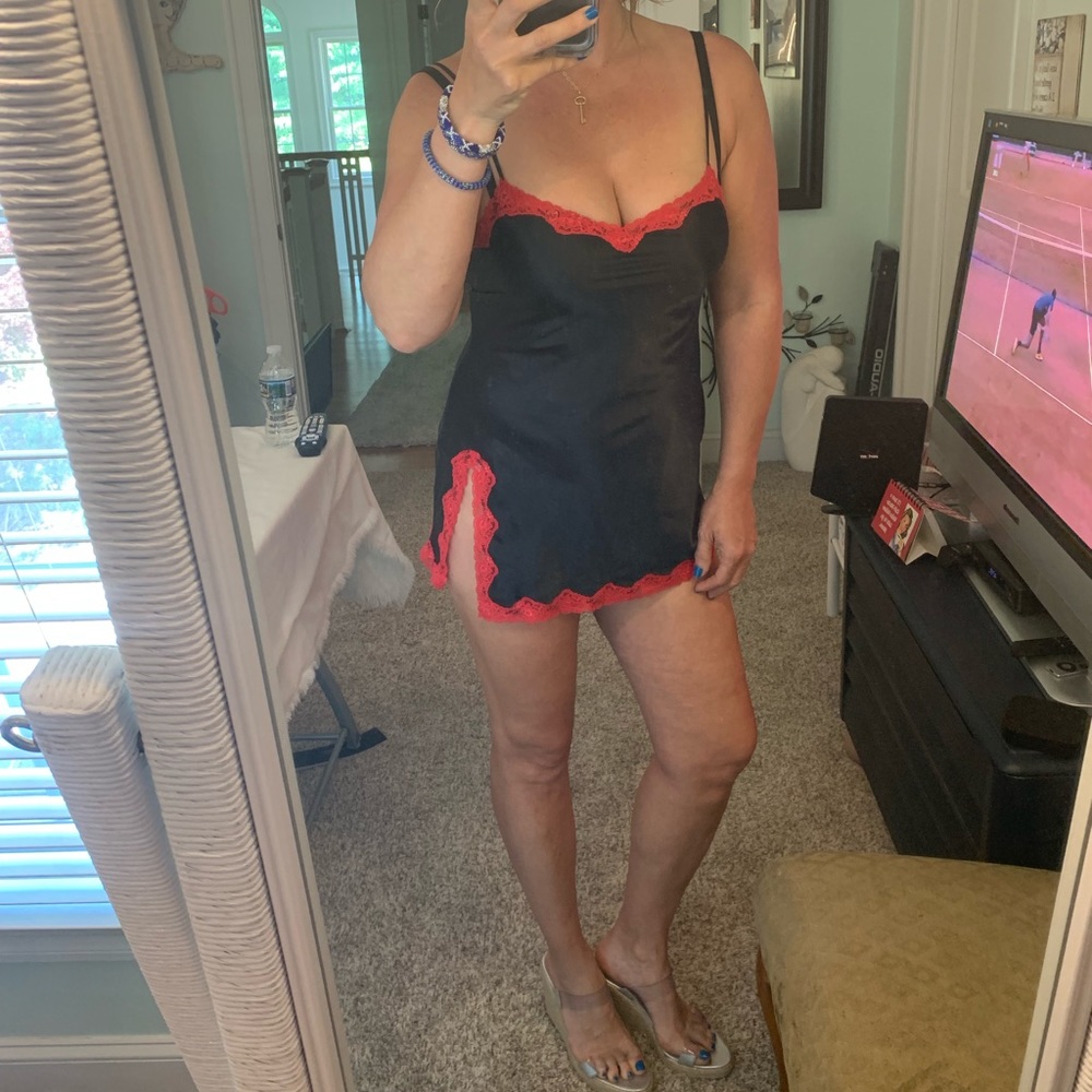 Victoria's Secret Black Satin Chemise with Red Lace Trim